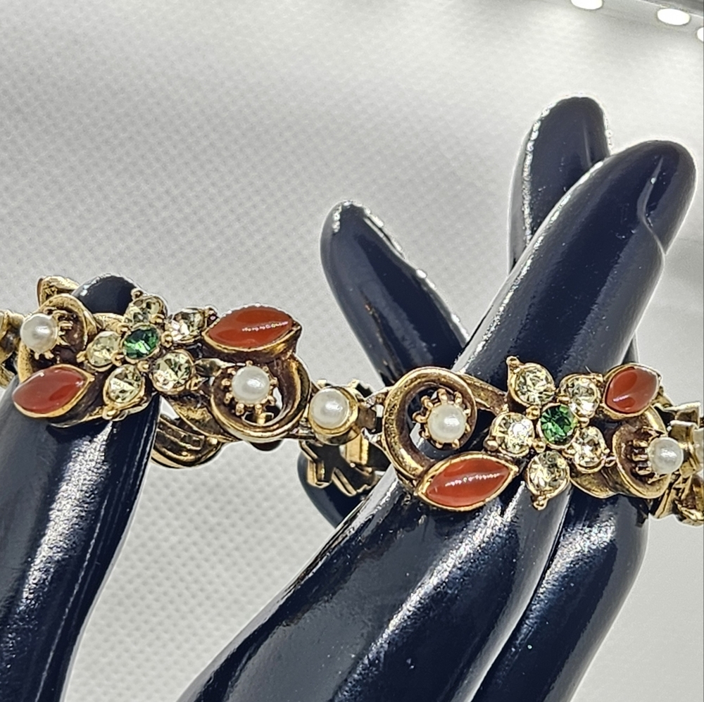 Vintage 1950's Florenza Floral Gold Tone Rhinestone & Pearl Statement Bracelet